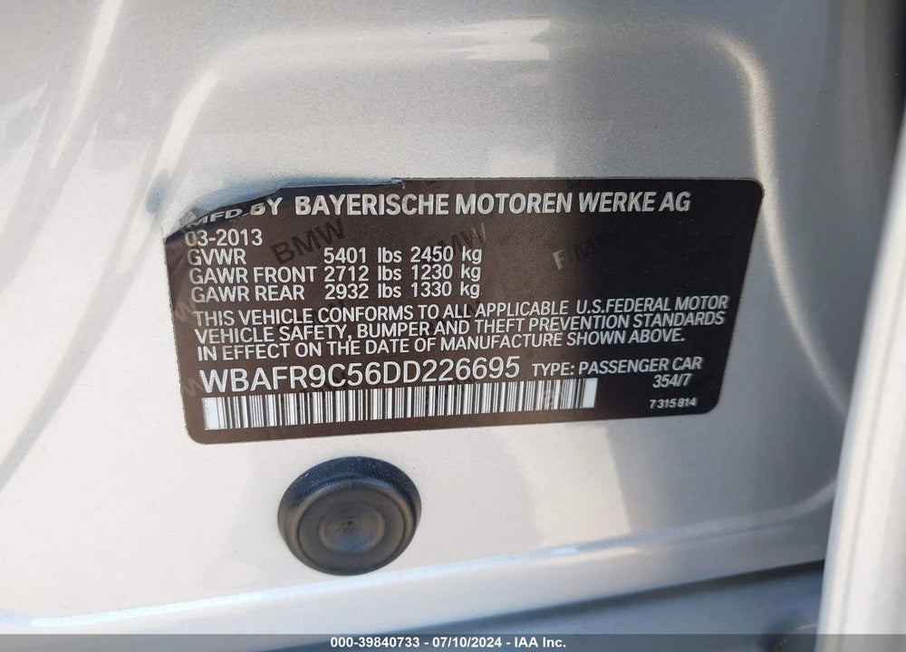 2013 BMW 550I VIN: WBAFR9C56DD226695