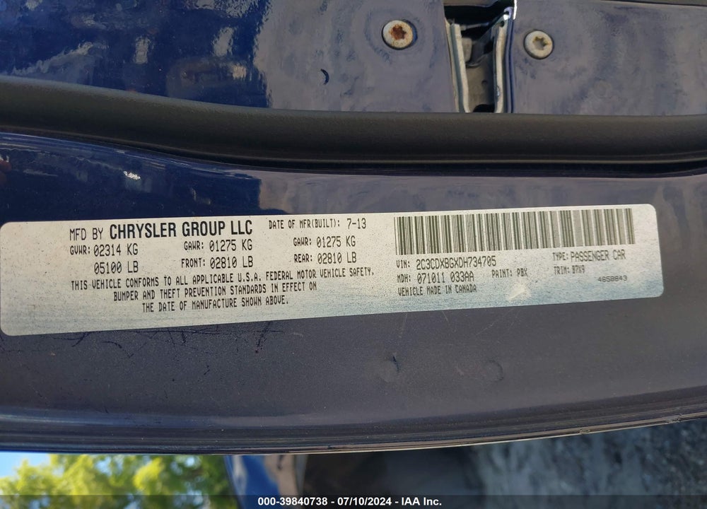 2013 DODGE CHARGER VIN: 2C3CDXBGXDH734705