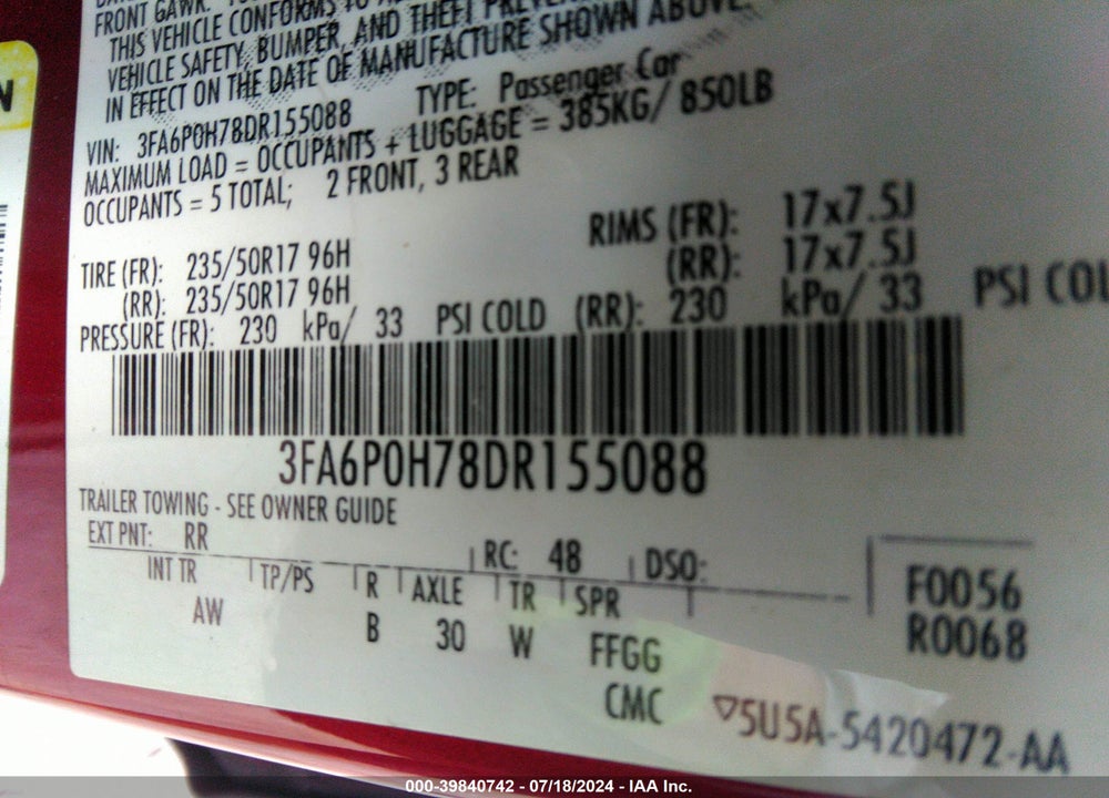 2013 FORD FUSION SE VIN: 3FA6P0H78DR155088