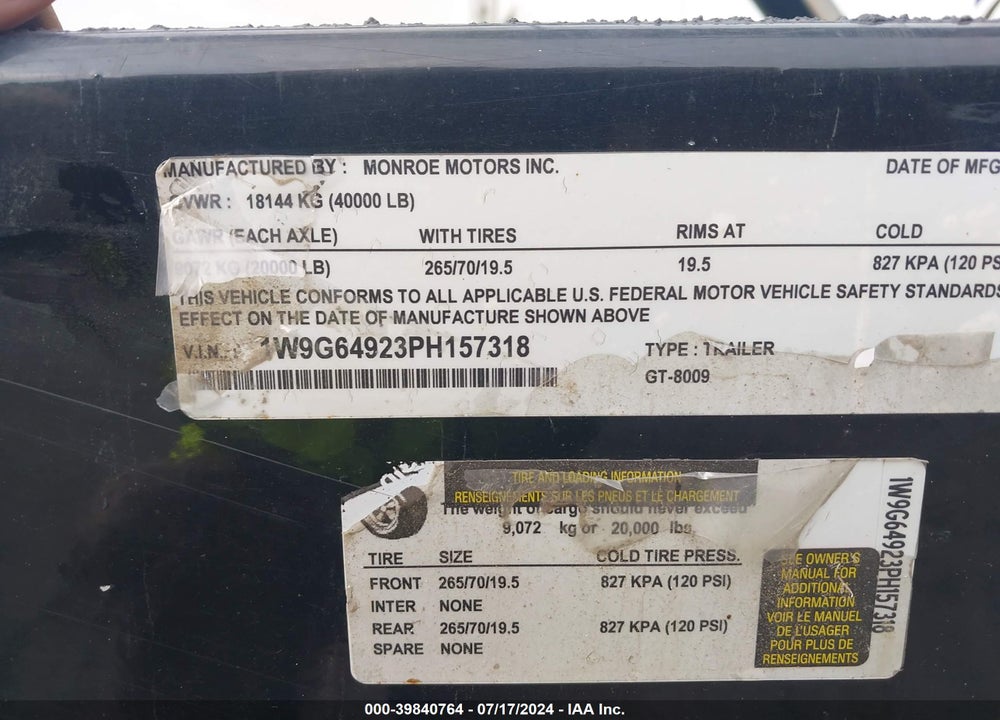 2023 MONROE MTRS WALLY-MO DIV AUTO TRANSPORTER VIN: 1W9G64923PH157318
