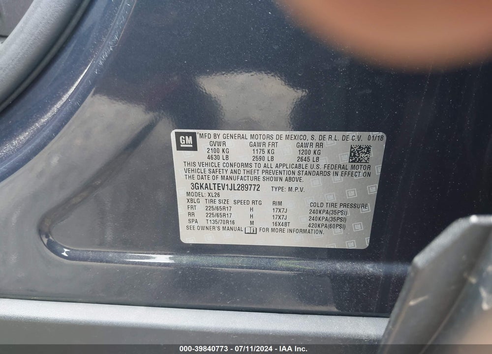 2018 GMC TERRAIN SLE VIN: 3GKALTEV1JL289772