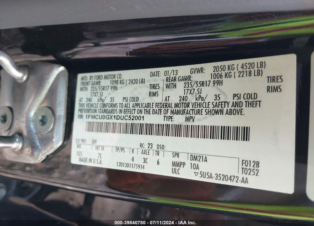 2013 FORD ESCAPE SE VIN: 1FMCU0GX1DUC52001