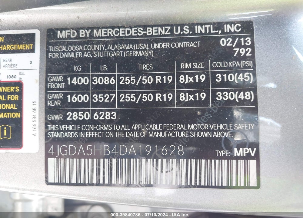 2013 MERCEDES-BENZ ML 350 4MATIC VIN: 4JGDA5HB4DA191628