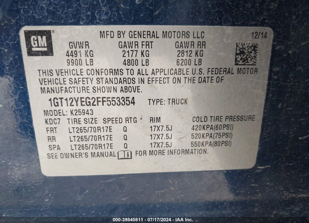 2015 GMC SIERRA 2500HD SLE VIN: 1GT12YEG2FF553354
