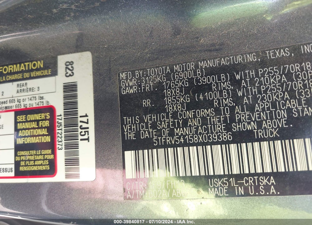 2008 TOYOTA TUNDRA SR5 5.7L V8 VIN: 5TFRV54158X039386