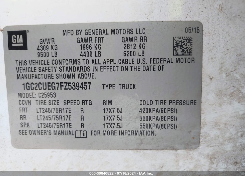 2015 CHEVROLET SILVERADO 2500HD WT VIN: 1GC2CUEG7FZ539457