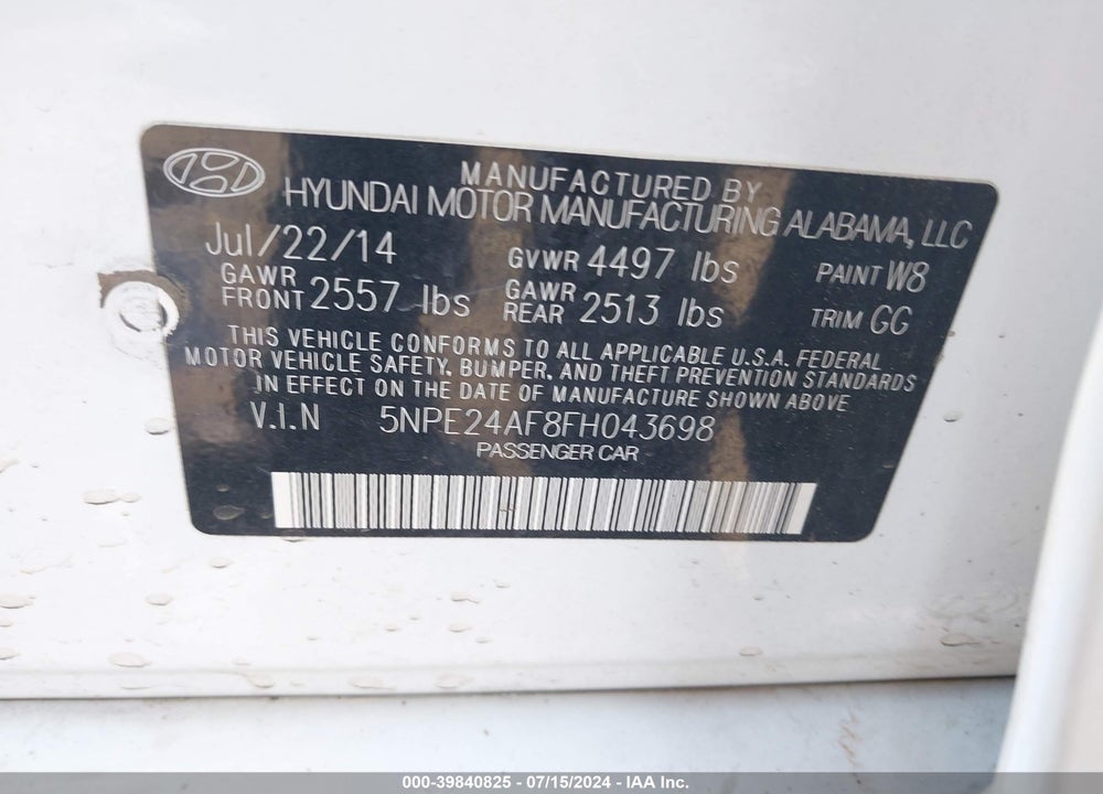 2015 HYUNDAI SONATA SE VIN: 5NPE24AF8FH043698
