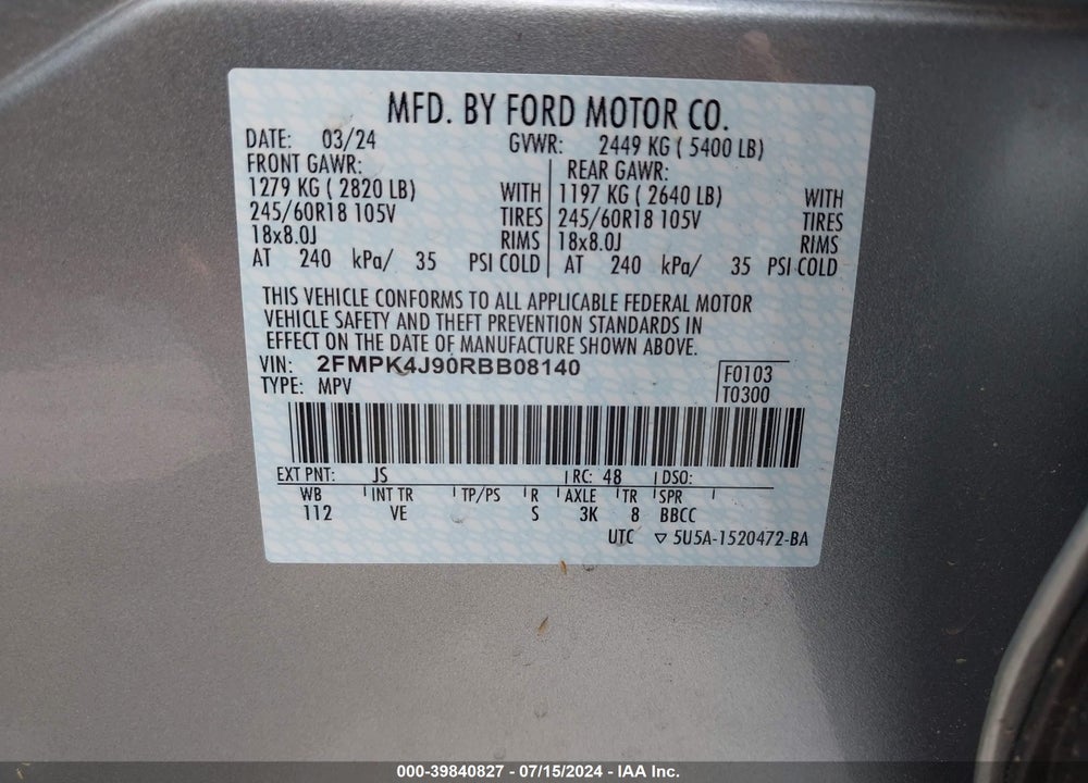 2024 FORD EDGE SEL VIN: 2FMPK4J90RBB08140