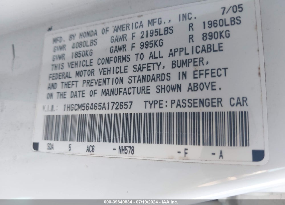 2005 HONDA ACCORD 2.4 LX VIN: 1HGCM56465A172657