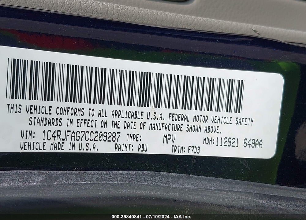 2012 CHEROKEE JEEP GRAND  LAREDO VIN: 1C4RJFAG7CC209287