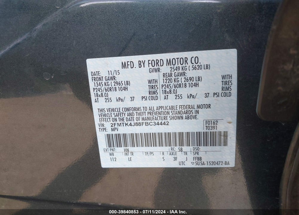 2015 FORD EDGE SEL VIN: 2FMTK4J88FBC34442