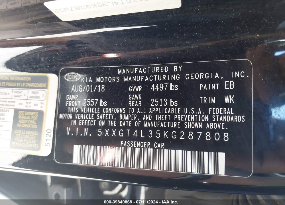 2019 KIA OPTIMA LX VIN: 5XXGT4L35KG287808
