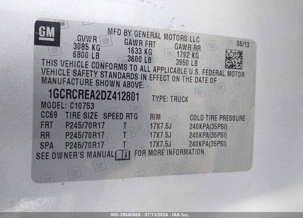 2013 CHEVROLET SILVERADO 1500 LS VIN: 1GCRCREA2DZ412801