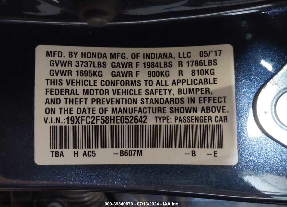 2017 HONDA CIVIC LX VIN: 19XFC2F58HE052642