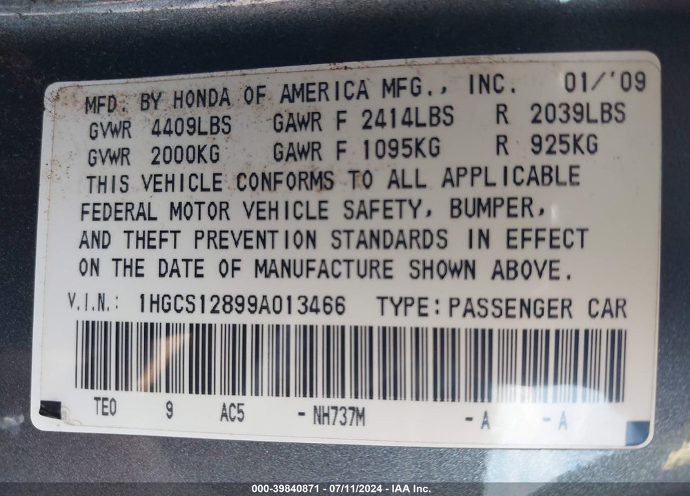 2009 HONDA ACCORD 2.4 EX-L VIN: 1HGCS12899A013466