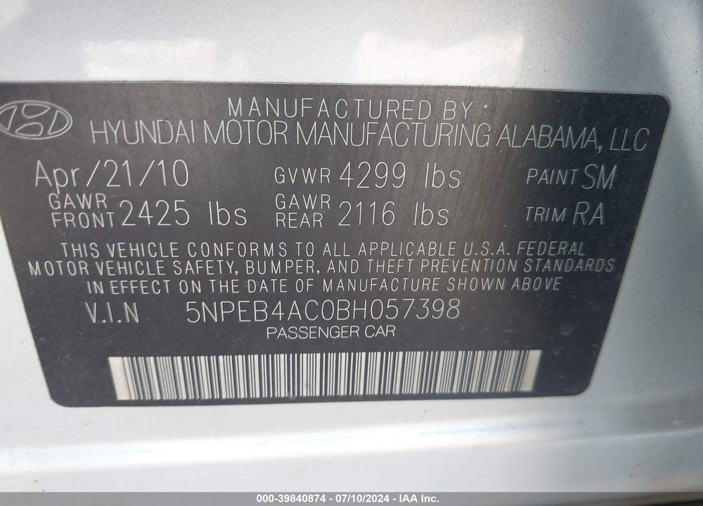 2011 HYUNDAI SONATA GLS VIN: 5NPEB4AC0BH057398