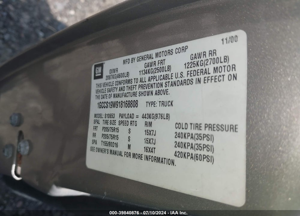 2001 CHEVROLET S-10 LS VIN: 1GCCS19W918168808