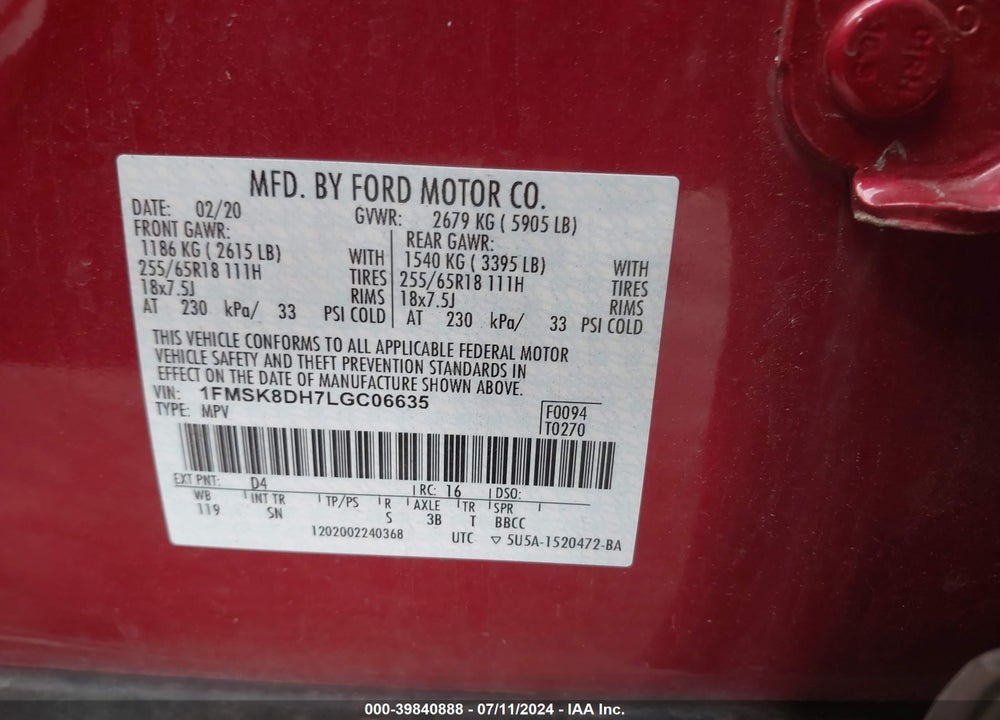 2020 FORD EXPLORER XLT VIN: 1FMSK8DH7LGC06635