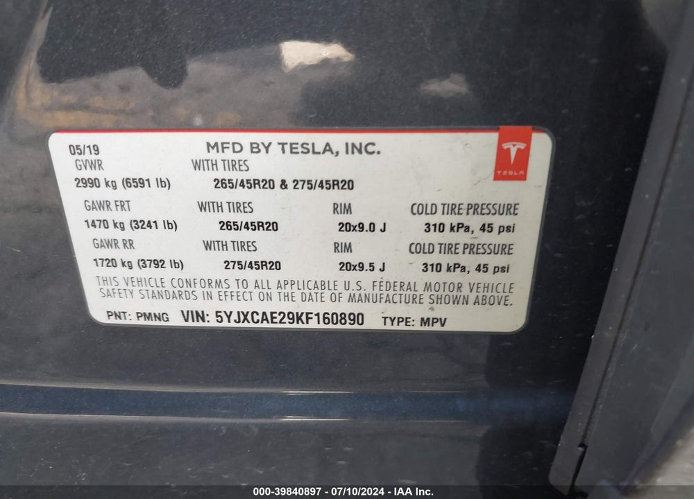 2019 TESLA MODEL X 100D/75D/LONG RANGE VIN: 5YJXCAE29KF160890