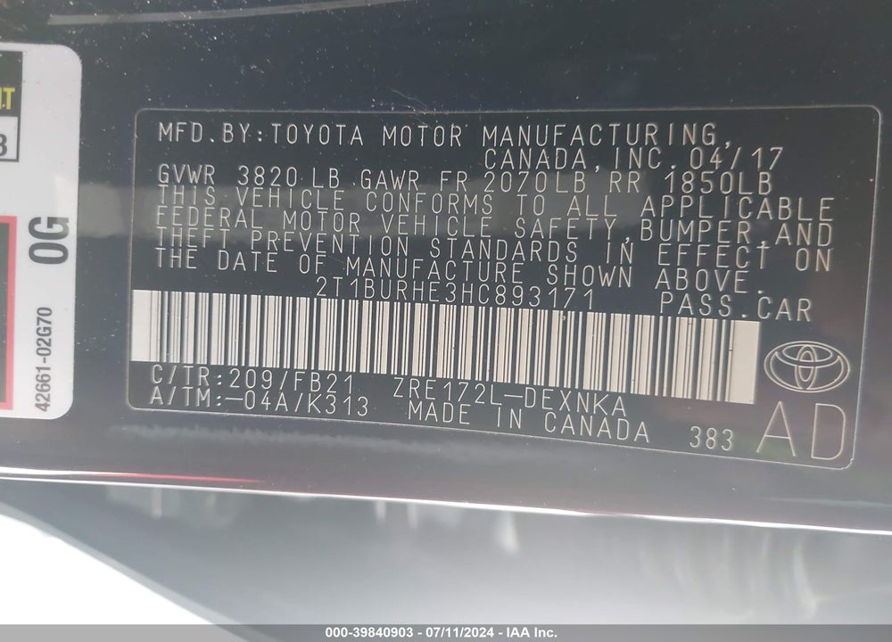 2017 TOYOTA COROLLA LE VIN: 2T1BURHE3HC893171