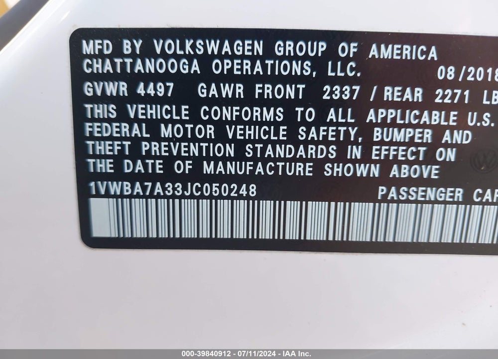 2018 VOLKSWAGEN PASSAT 2.0T SE VIN: 1VWBA7A33JC050248