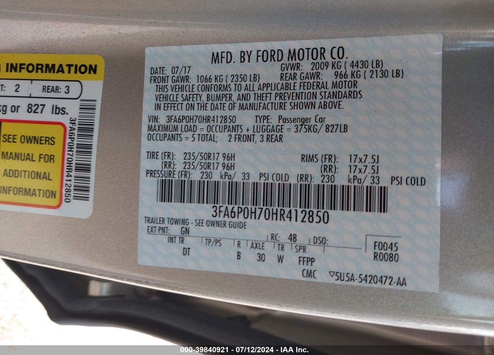 2017 FORD FUSION SE VIN: 3FA6P0H70HR412850