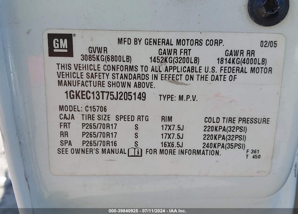 2005 GMC YUKON VIN: 1GKEC13T75J205149