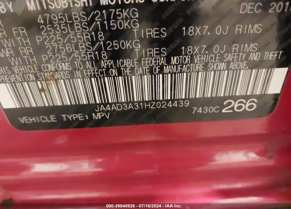 2017 MITSUBISHI OUTLANDER SE VIN: JA4AD3A31HZ024439