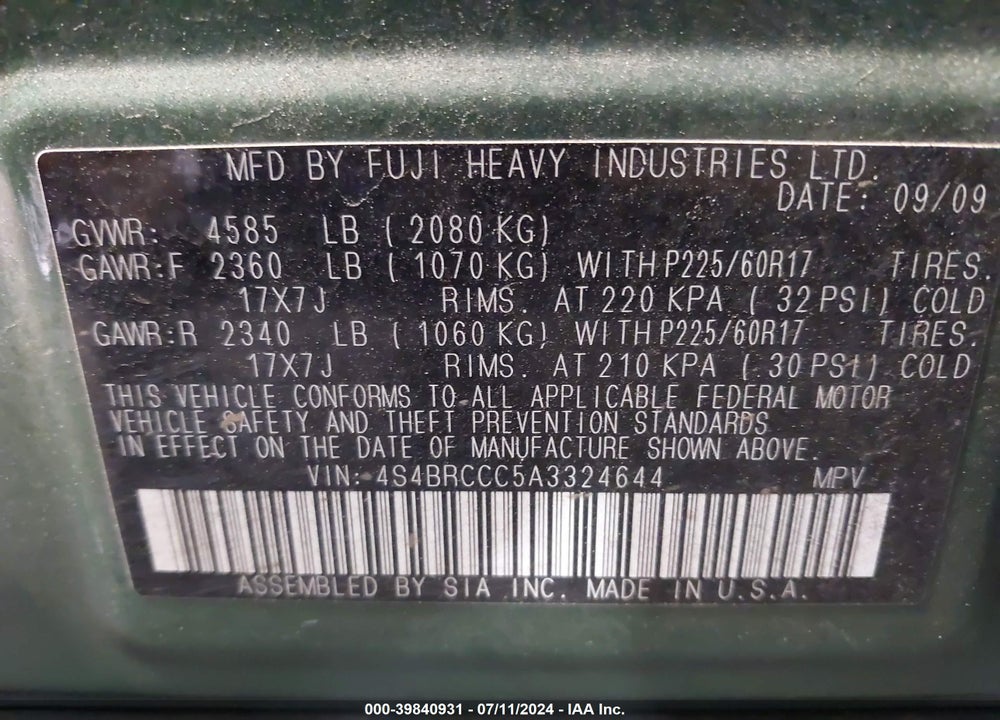 2010 SUBARU OUTBACK 2.5I PREMIUM VIN: 4S4BRCCC5A3324644