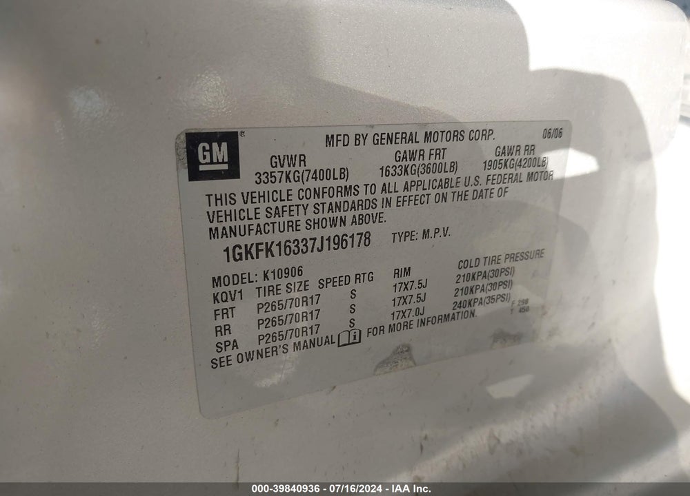 2007 GMC YUKON XL 1500 SLT VIN: 1GKFK16337J196178