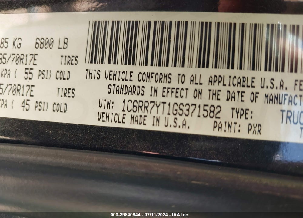 2016 RAM 1500 REBEL VIN: 1C6RR7YT1GS371582
