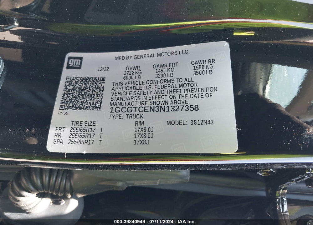 2022 CHEVROLET COLORADO 4WD SHORT BOX LT VIN: 1GCGTCEN3N1327358