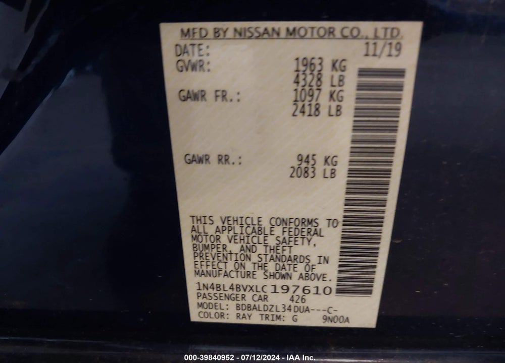 2020 NISSAN ALTIMA S FWD VIN: 1N4BL4BVXLC197610