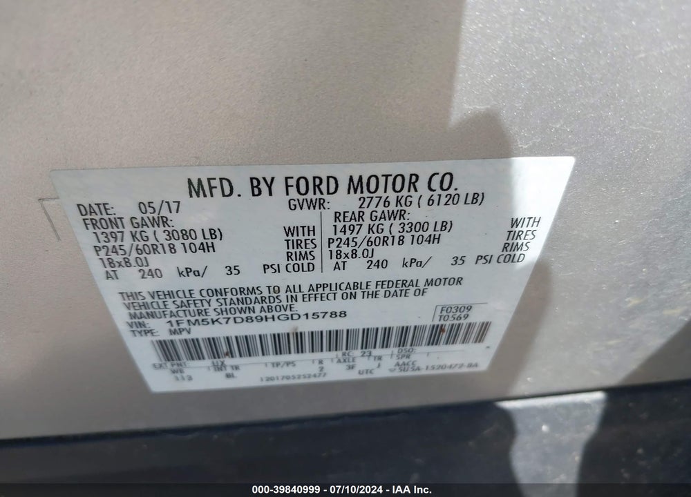 2017 FORD EXPLORER XLT VIN: 1FM5K7D89HGD15788