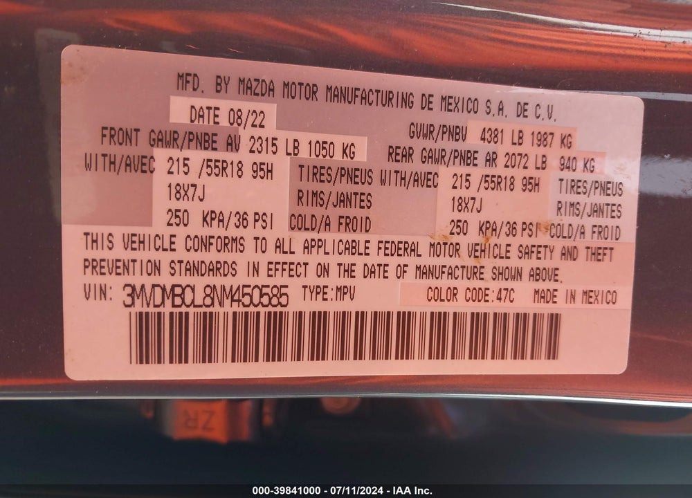 2022 MAZDA CX-30 CARBON EDITION VIN: 3MVDMBCL8NM450585