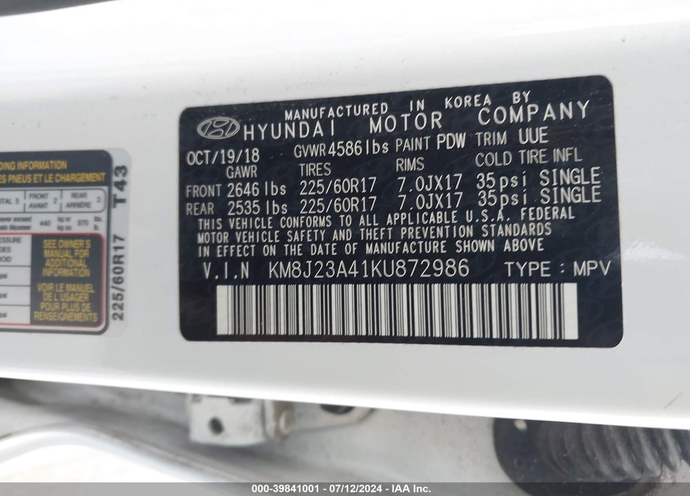2019 HYUNDAI TUCSON SE VIN: KM8J23A41KU872986