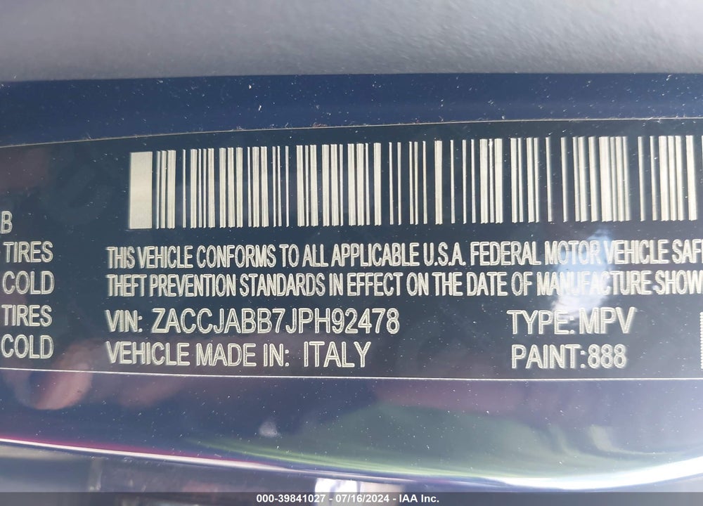 2018 JEEP RENEGADE LATITUDE FWD VIN: ZACCJABB7JPH92478