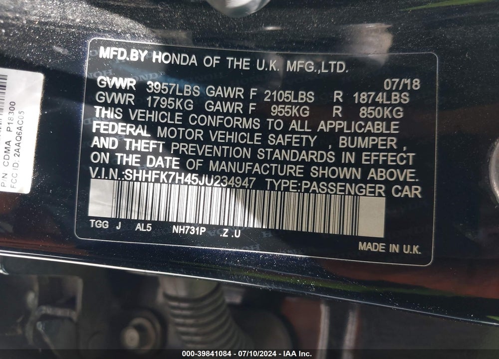 2018 HONDA CIVIC SPORT VIN: SHHFK7H45JU234947