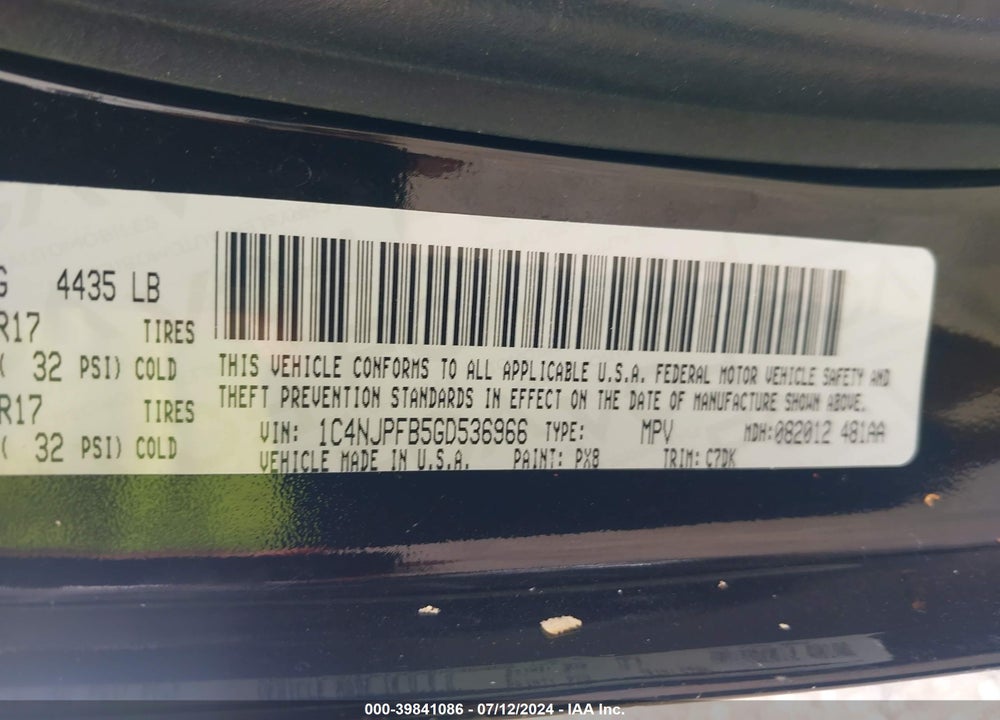 2016 JEEP PATRIOT LATITUDE VIN: 1C4NJPFB5GD536966