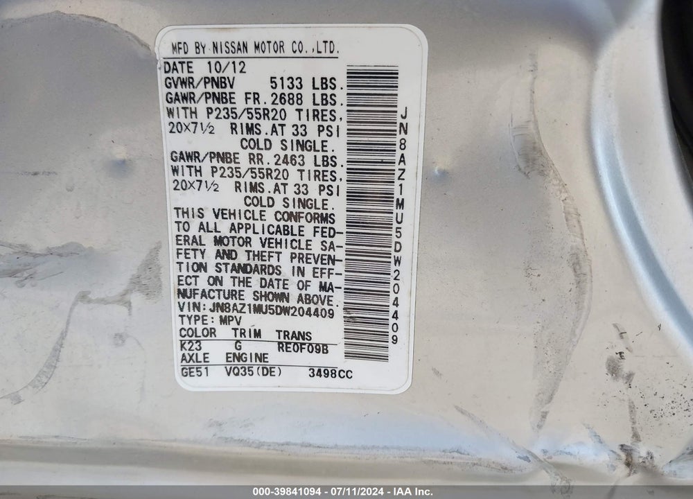 2013 NISSAN MURANO LE VIN: JN8AZ1MU5DW204409