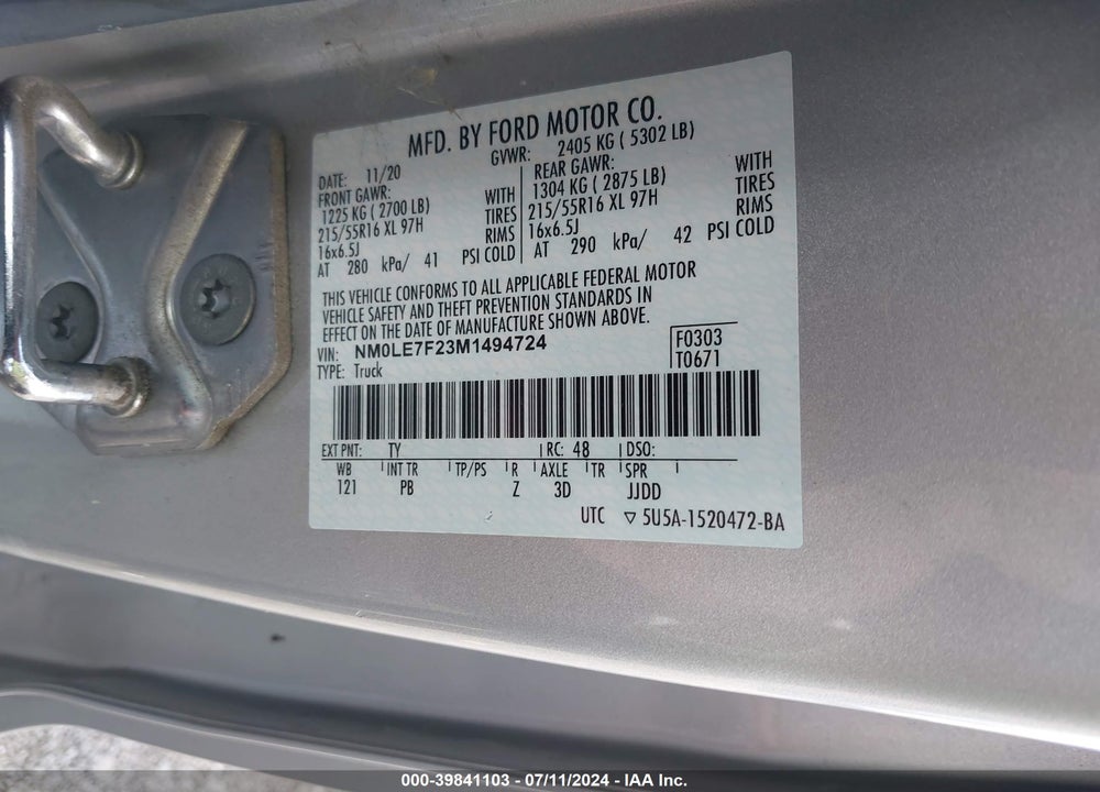 2021 FORD TRANSIT CONNECT XLT VIN: NM0LE7F23M1494724