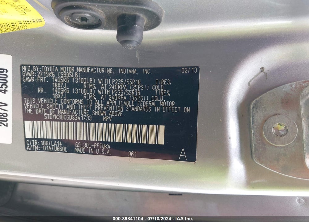 2013 TOYOTA SIENNA LIMITED V6 7 PASSENGER VIN: 5TDYK3DC6DS341733