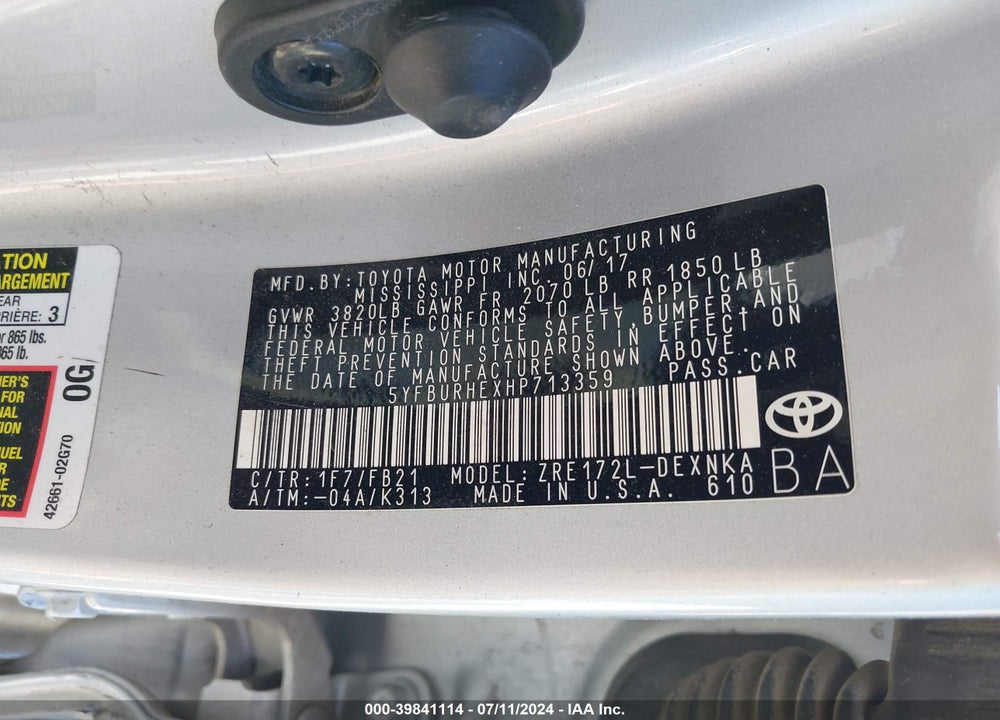 2017 TOYOTA COROLLA LE VIN: 5YFBURHEXHP713359