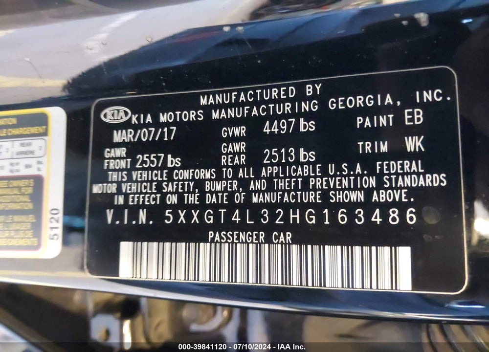 2017 KIA OPTIMA LX VIN: 5XXGT4L32HG163486
