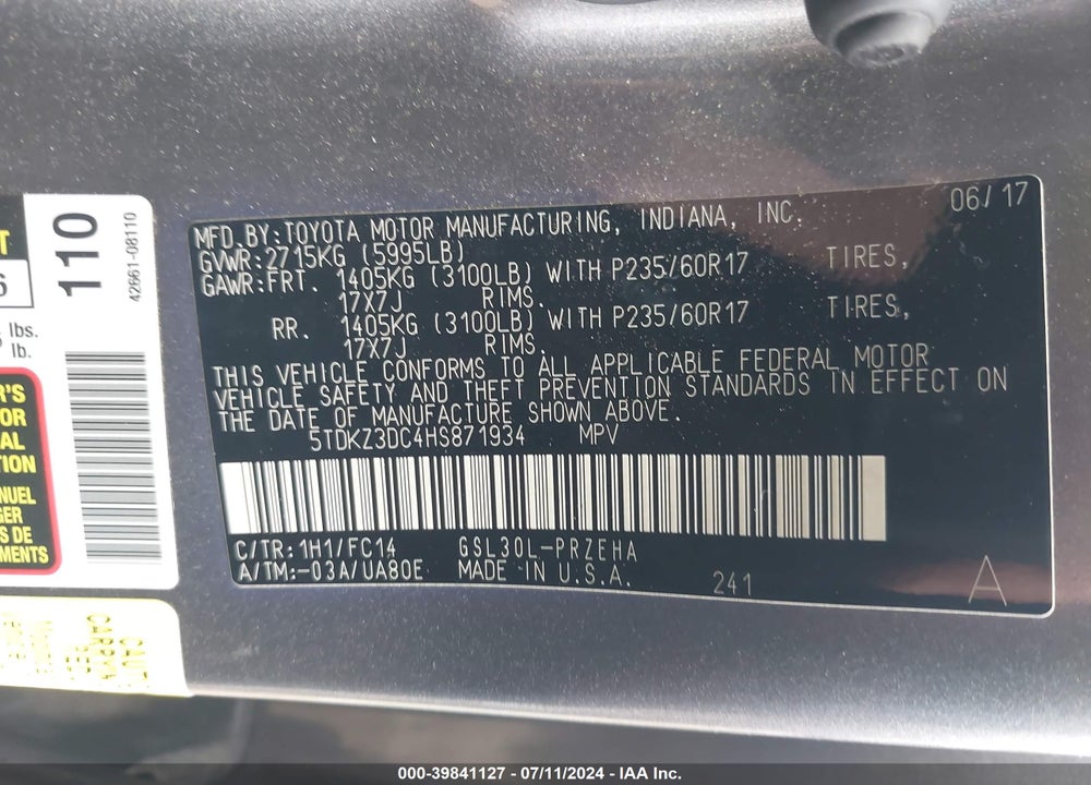 2017 TOYOTA SIENNA LE 8 PASSENGER VIN: 5TDKZ3DC4HS871934
