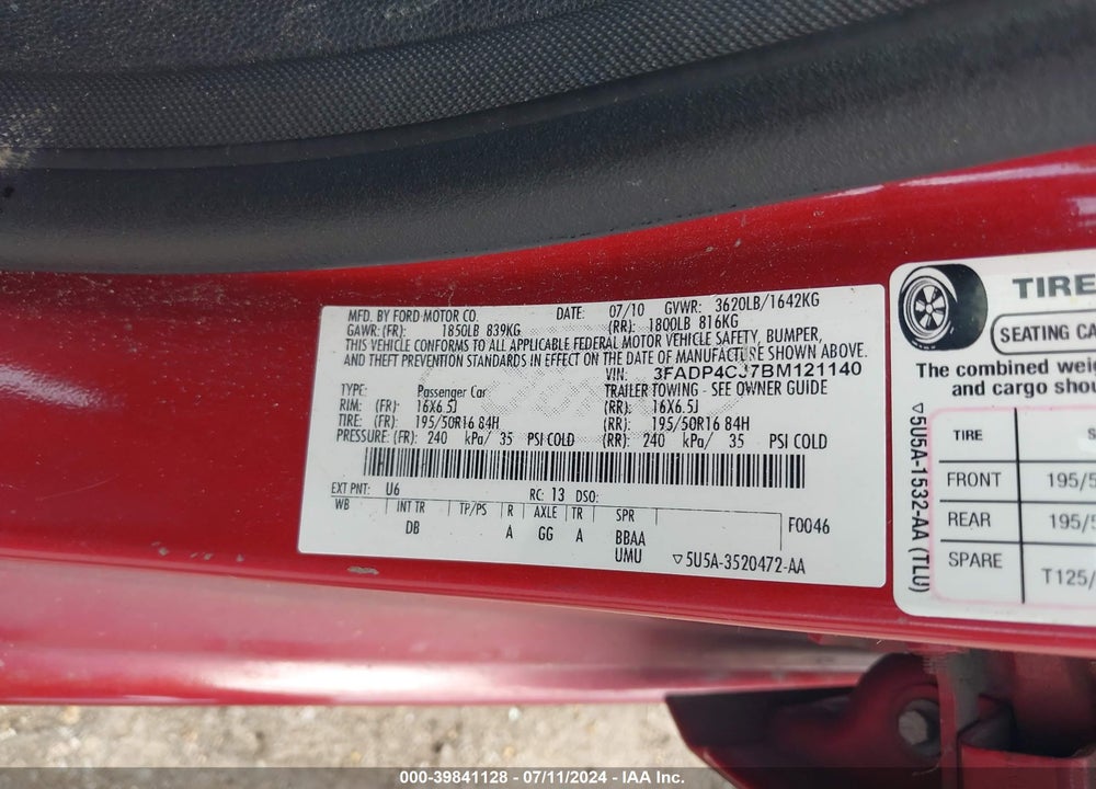 2011 FORD FIESTA SEL VIN: 3FADP4CJ7BM121140