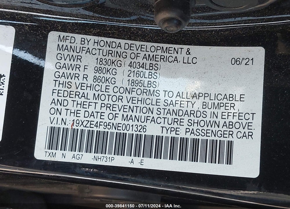 2022 HONDA INSIGHT TOURING VIN: 19XZE4F95NE001326