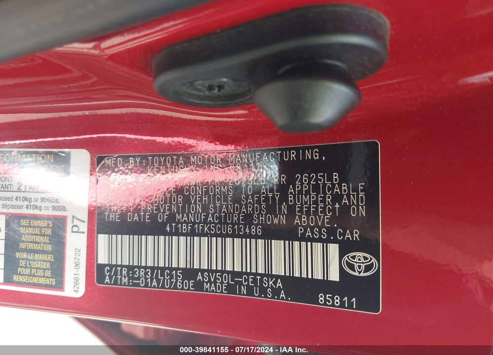 2012 TOYOTA CAMRY VIN: 4T1BF1FK5CU613486