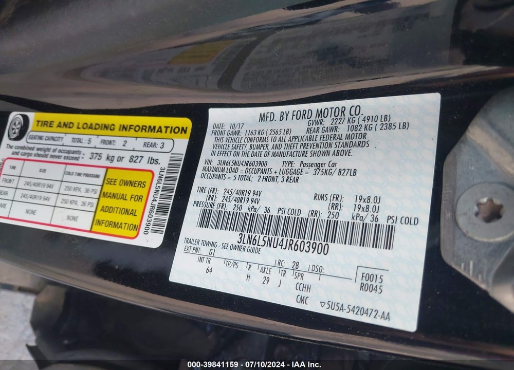 2018 LINCOLN MKZ HYBRID BLACK LABEL VIN: 3LN6L5NU4JR603900
