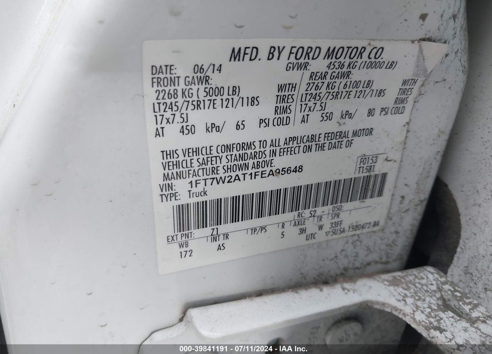 2015 FORD F-250 XL VIN: 1FT7W2AT1FEA95648